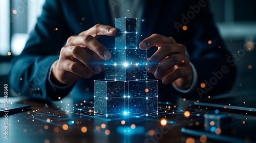 Businessman hand build Digital Future Foundation:  Data Blocks or Data cubes symbolizing connection, strategy, solution, blockchain, data digital, AI data Computing for future technology