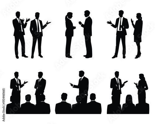 Business professionals engaging in various presentation and discussion scenarios