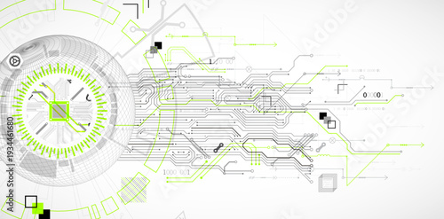 Abstract image of a computer chip in the middle of a wireframe sphere. Vector