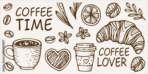 Stylized illustration featuring coffee pastries and citrus fruit elements