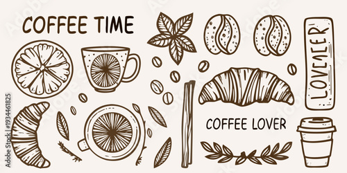 A charming collection of hand drawn coffee and pastry elements