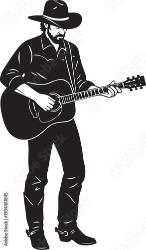 A lone musician playing an acoustic guitar with a cowboy hat and boots in a relaxed pose
