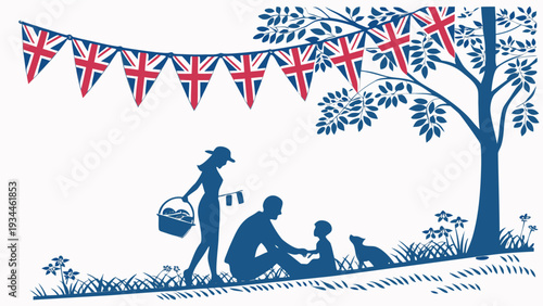 Family outdoor picnic under union jack bunting with dog
