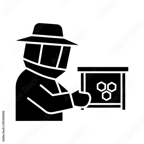 Beekeeper icon holding a honeycomb frame for honey production and apiculture, black silhouette vector illustration