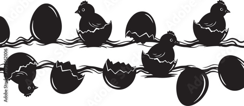 Black silhouettes of chicks hatching from eggs in rows