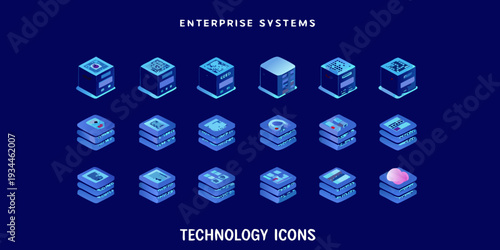 Isometric server icons depicting data storage and network infrastructure