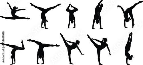 Gymnastics silhouette collection set, flexible female athletes performing acrobatic balance poses isolated on white background vector illustration pack