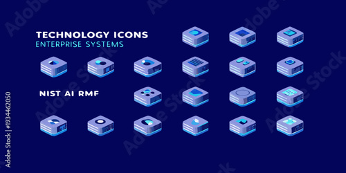 Isometric technology icons depicting enterprise systems and data infrastructure