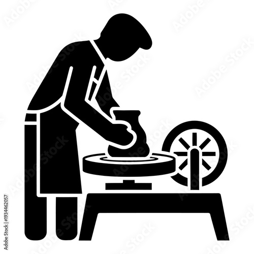 Potter shaping clay on a pottery wheel in a workshop, black silhouette icon