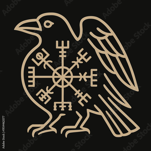 Raven symbol, mystical design, black background, abstract art