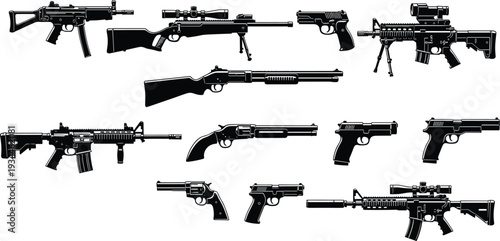 Gun weapon silhouettes collection, rifles pistols shotgun revolver sniper firearm set, tactical military weapons vector illustration isolated background