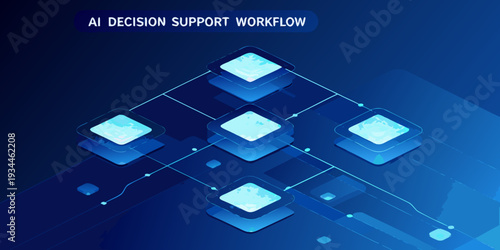 Ai decision support workflow illustrated with interconnected glowing blue cubes
