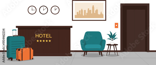 Hotel reception desk with luggage and lobby interior vector illustration