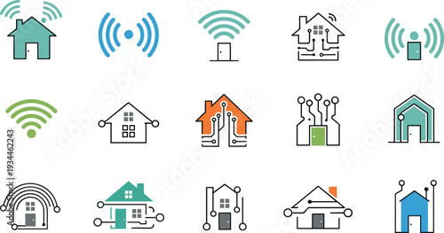 Smart Home Technology Icon Set with Wireless House, IoT Connection, Automation System, and Digital Network Symbols in Flat Vector Style