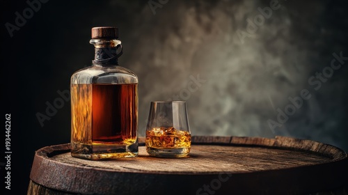 Elegant whiskey in a glass next to a bottle on an aged wooden barrel showcasing rich amber color and inviting textures for a sophisticated ambiance