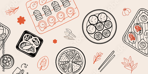 A flat lay illustration of traditional korean dishes and decorative elements