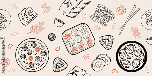 An artistic illustration of various asian food items and decorative elements
