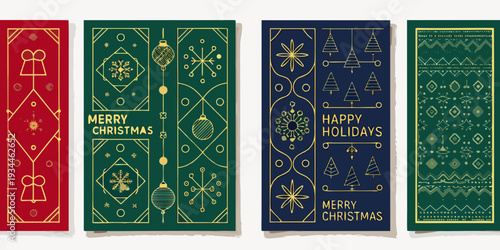 Four festive book spines display holiday greetings and decorative elements