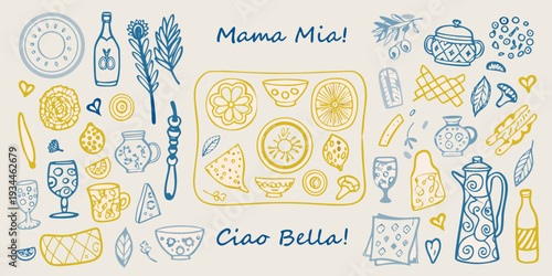 Hand drawn illustration of italian themed elements and celebratory phrases