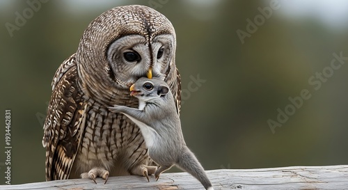 Owl with prey perched on a wooden branch in natural environment