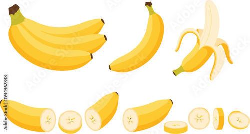 Yellow banana whole peeled and sliced fruit vector illustration set