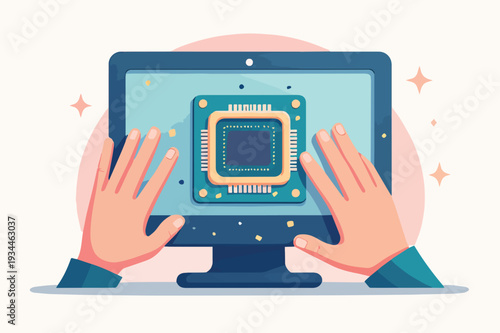 computer chip programma con mani monitor che rotto o da sistemare o rubare in fiamme , vettoriale 