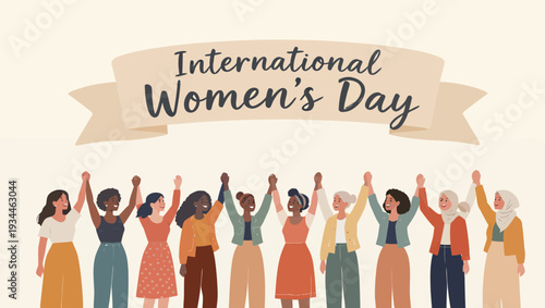 Diverse group of women stand united, holding hands in solidarity, celebrating female empowerment and equality in an illustration perfect for International Women's Day