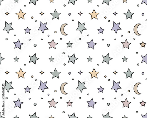 Whimsical celestial pattern featuring stars, moons, and tiny dots on a light background