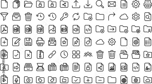 Set of 100 Black Outline File and Folder Vector Icons