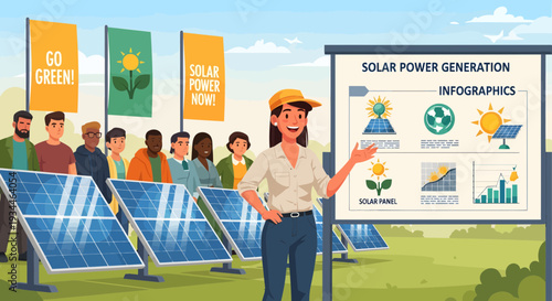 Woman presenting solar power generation infographics to diverse group.