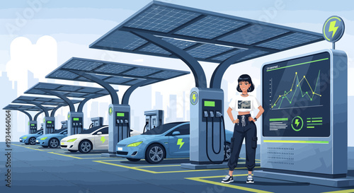 Woman standing at electric car charging station with solar panels.