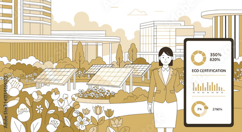 Woman presenting sustainable urban farming technology and data.