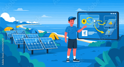 Young man presenting solar energy technology on a digital screen.