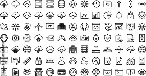 Set of 100 Black Line Art Cloud Computing and Network Technology Icons Vector