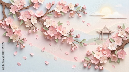 Delicate pink cherry blossoms and falling petals adorn a tranquil landscape with a traditional Japanese pagoda, evoking spring's gentle arrival and serene beauty