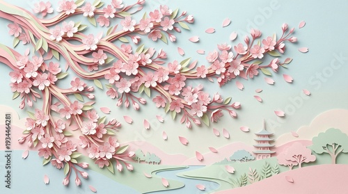 Beautiful paper art of a Japanese cherry blossom tree branches with falling petals over a serene landscape with a pagoda and river