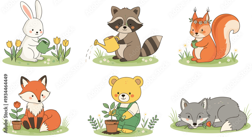 Fototapeta premium Cute Woodland Forest Animals Gardening Collection with Bunny, Raccoon, Fox, Bear, Wolf and Squirrel Cartoon Vector Set