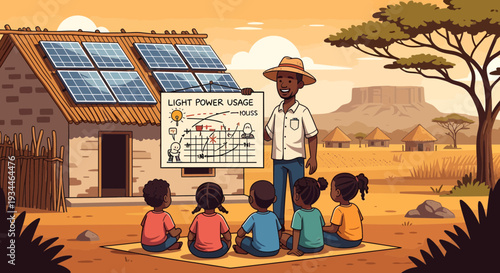 African teacher educating children about light power usage.