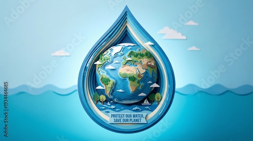 Protect our water, save our planet An illustration of Earth within a water droplet, symbolizing conservation and environmental awareness