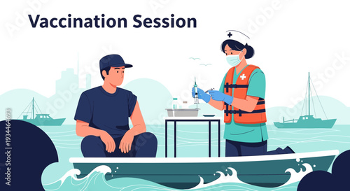 Nurse Administering Vaccine to Man on Boat Amidst Waves and Sailboats