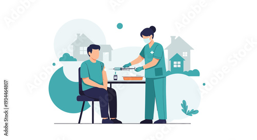 Nurse Administering Vaccine to Patient at Home, Healthcare Illustration