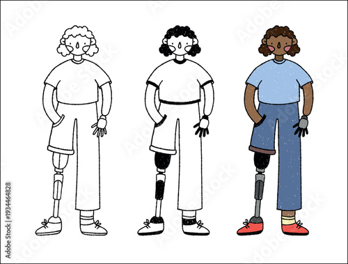 Black female character with prosthetic limbs shown in three styles: one line transparent, black and white, and color vector editable illustration. Inclusive disability concept - hand drawn naive style