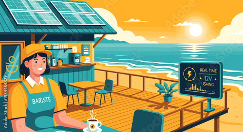 Barista in yellow uniform serving coffee at beachside cafe.