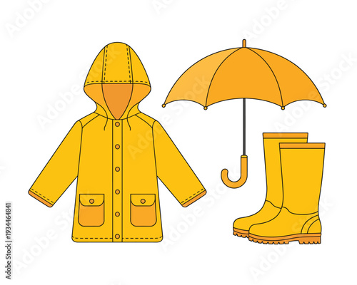Bright yellow rain gear set including jacket, boots, and umbrella.