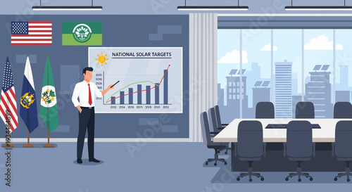 Business Meeting Presentation with Global Flags and Growth Chart.