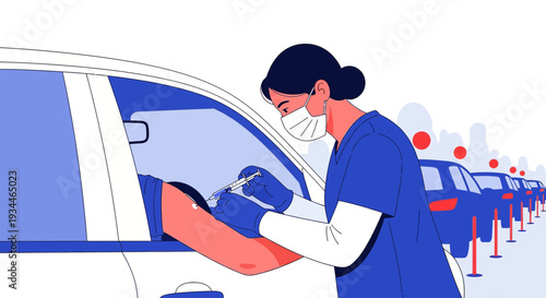 Nurse Administering Vaccine to Patient in Car at Drive-Thru Vaccination Site