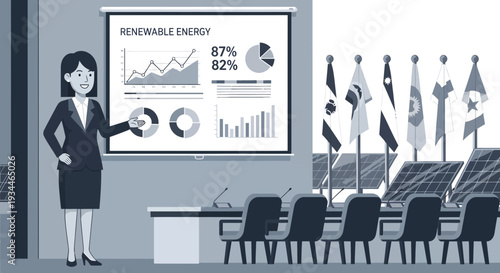 Businesswoman presenting renewable energy data charts on screen.