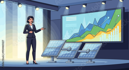 Businesswoman presenting solar energy growth chart on screen.