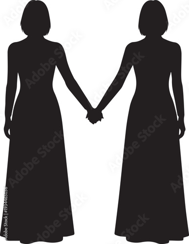 Two figures holding hands in long formal gowns standing side by side
