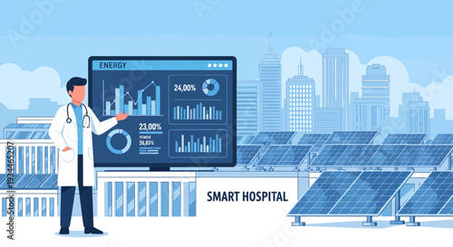 Doctor presenting smart hospital data on large screen.
